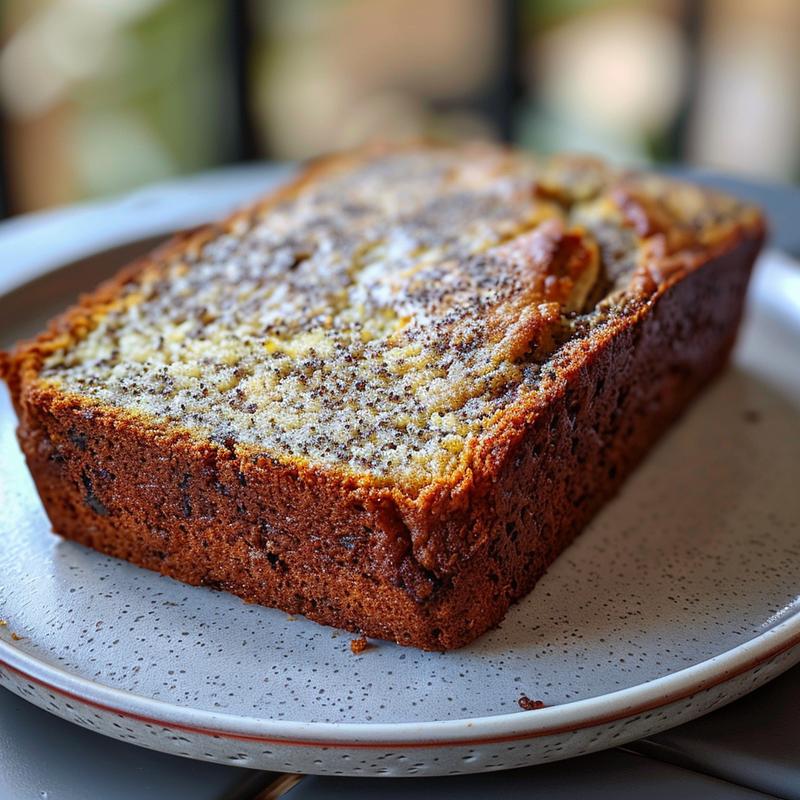 Close-up of a slice of banana bread on a light grey ceramic plate.