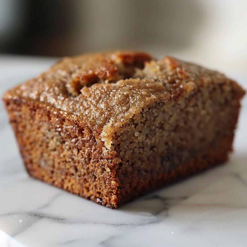 Close-up of a slice of gluten-free banana bread on a white marble surface.