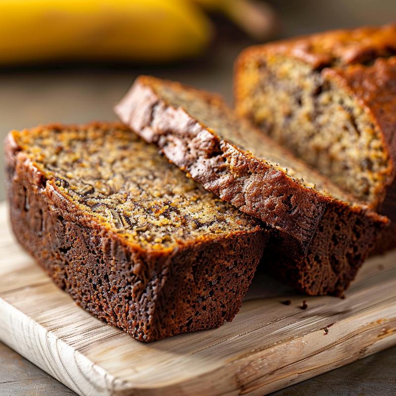 Close-up of a slice of healthy banana bread on a wooden board.
