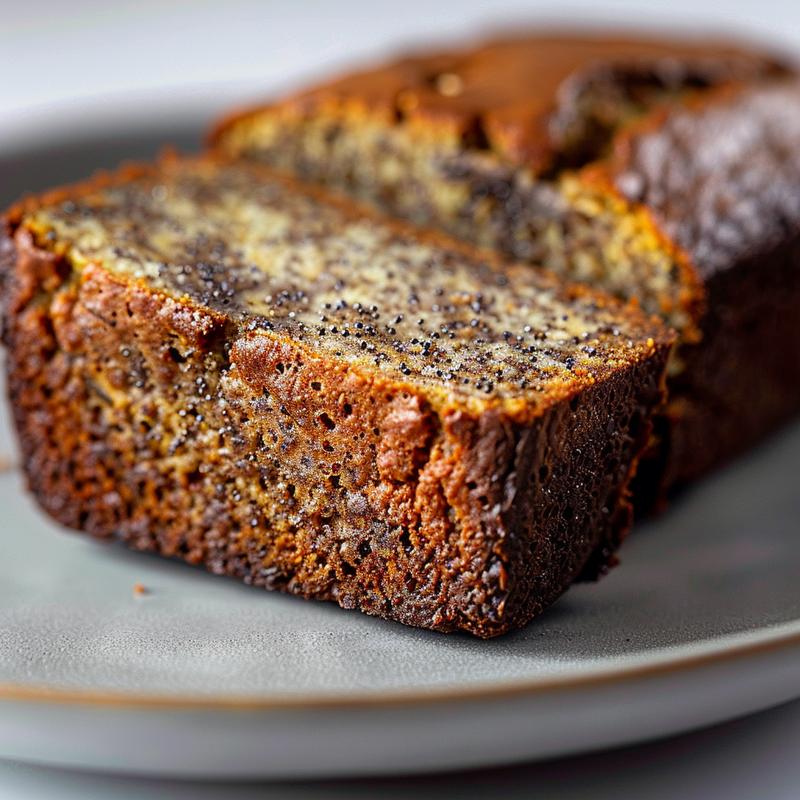A close-up of a slice of sugar-free banana bread on a grey ceramic plate.