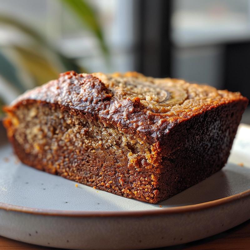 Close-up view of a slice of high protein banana bread on a light grey ceramic plate.