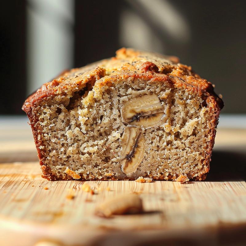 Close-up of a slice of gluten-free banana bread on a light wood board, showcasing its texture and moist interior.
