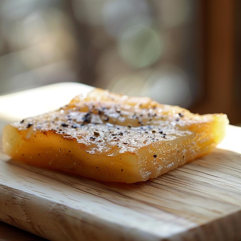 A close-up of a slice of low carb banana bread on a wooden board, showcasing its texture.