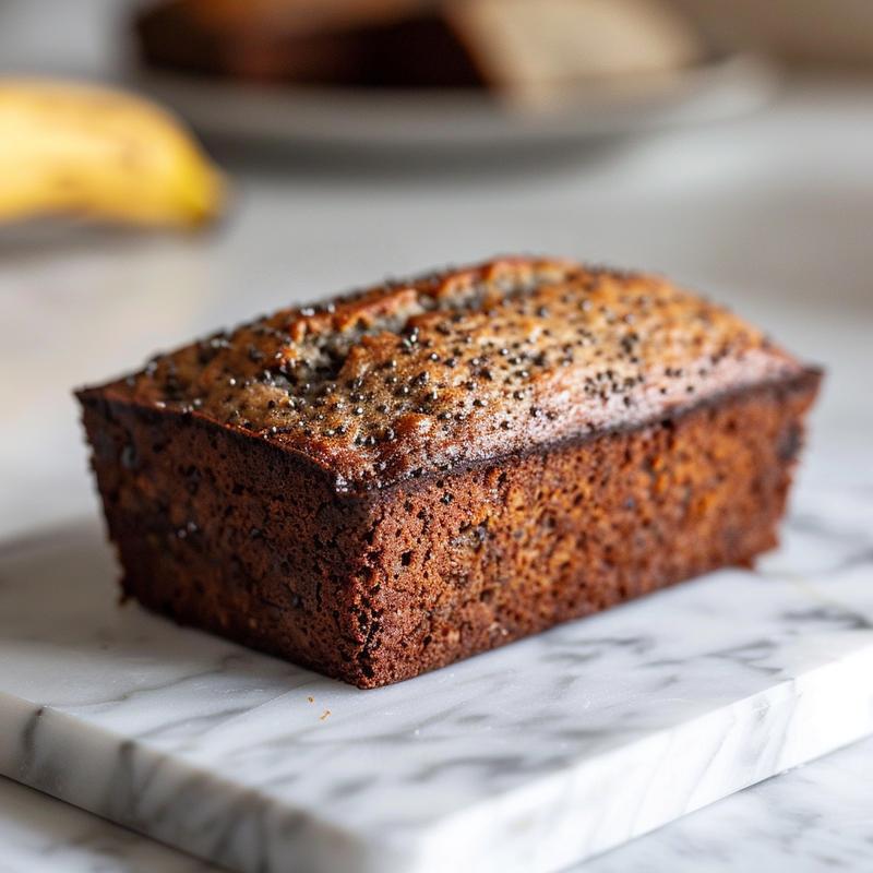 Close-up of moist Greek yogurt banana bread slice on a white marble surface.