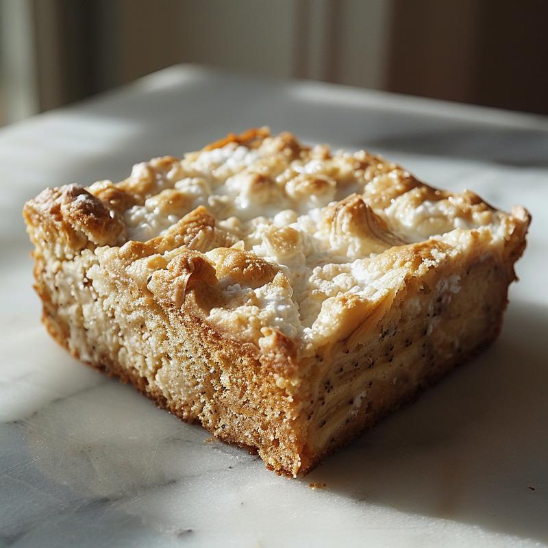 Close-up of a slice of high-protein banana bread with cottage cheese on a white marble surface.