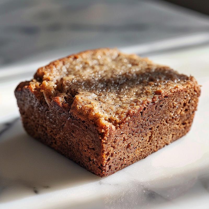 Close-up of a slice of almond flour banana bread on a white marble surface.
