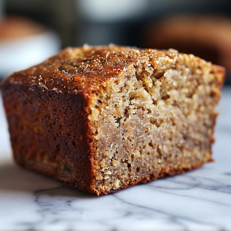 A close-up of low calorie banana bread on a white marble surface, showcasing its texture.