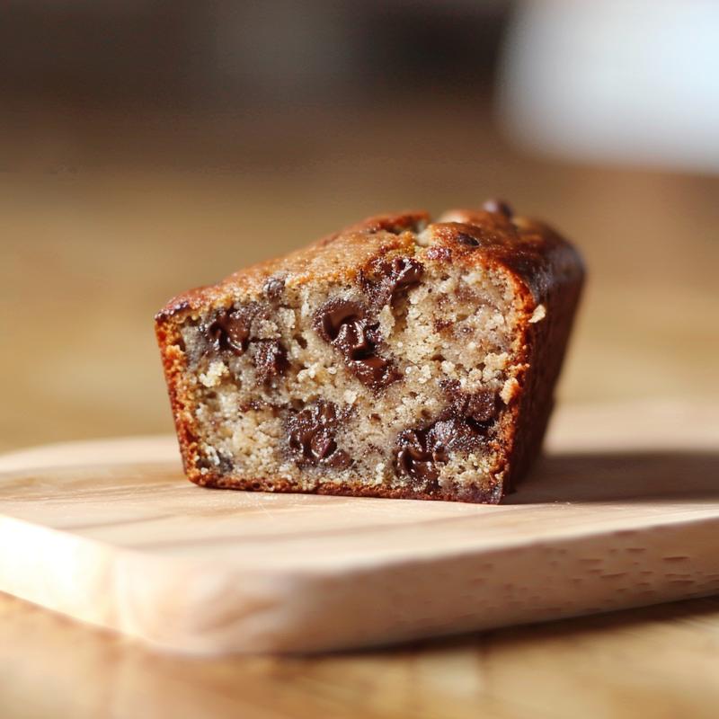 A slice of chocolate chip banana bread on a natural wood board with a blurred background.