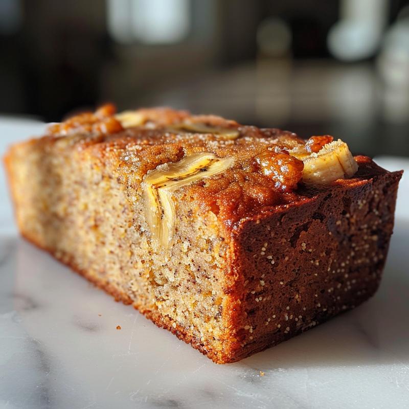 Close-up of a slice of fluffy keto banana bread on a light grey ceramic plate.