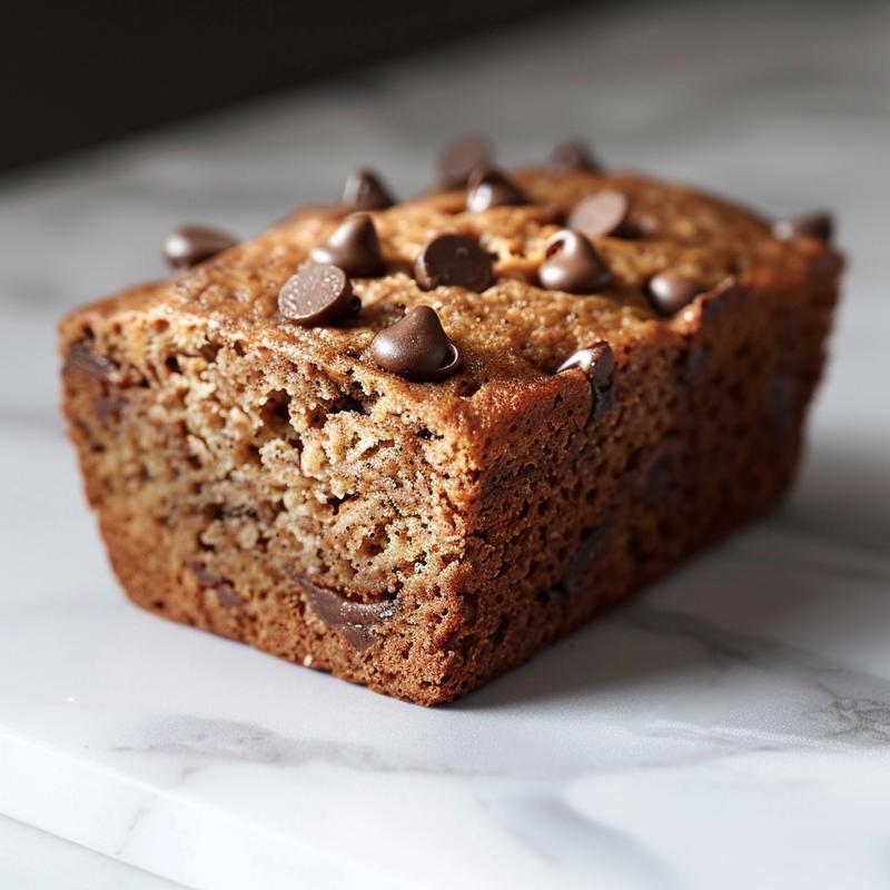 A close-up view of a slice of gluten-free banana bread with chocolate chips on a marble surface.