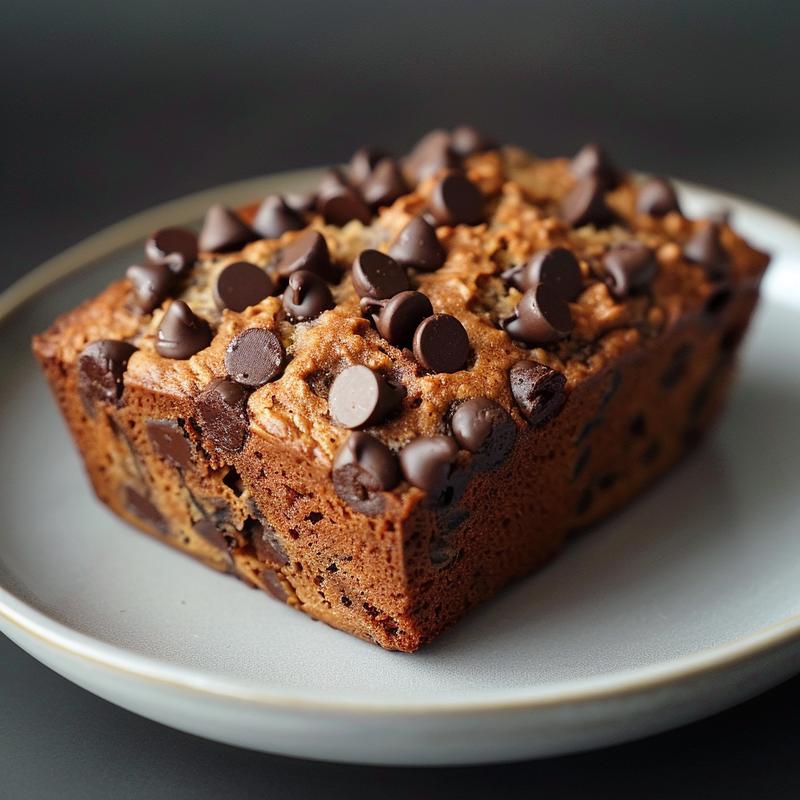 Close-up of a slice of high protein banana bread with chocolate chips on a light grey plate.