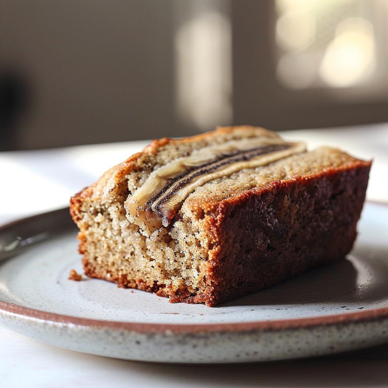 Close-up of a slice of keto banana bread on a wooden board, showcasing its texture.