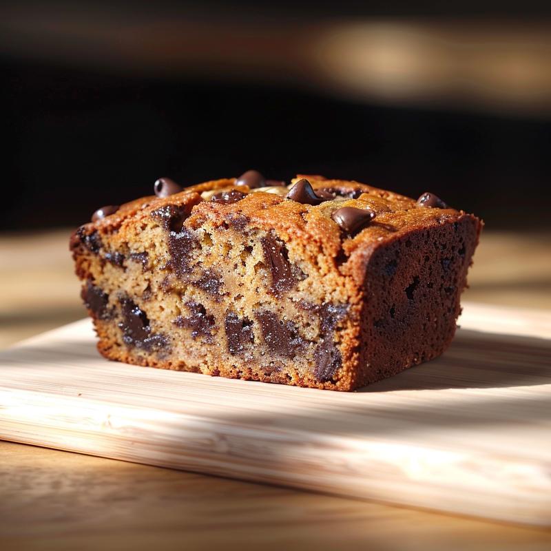 A close-up of a delicious slice of sourdough chocolate chip banana bread on a light wood board, showcasing its texture.