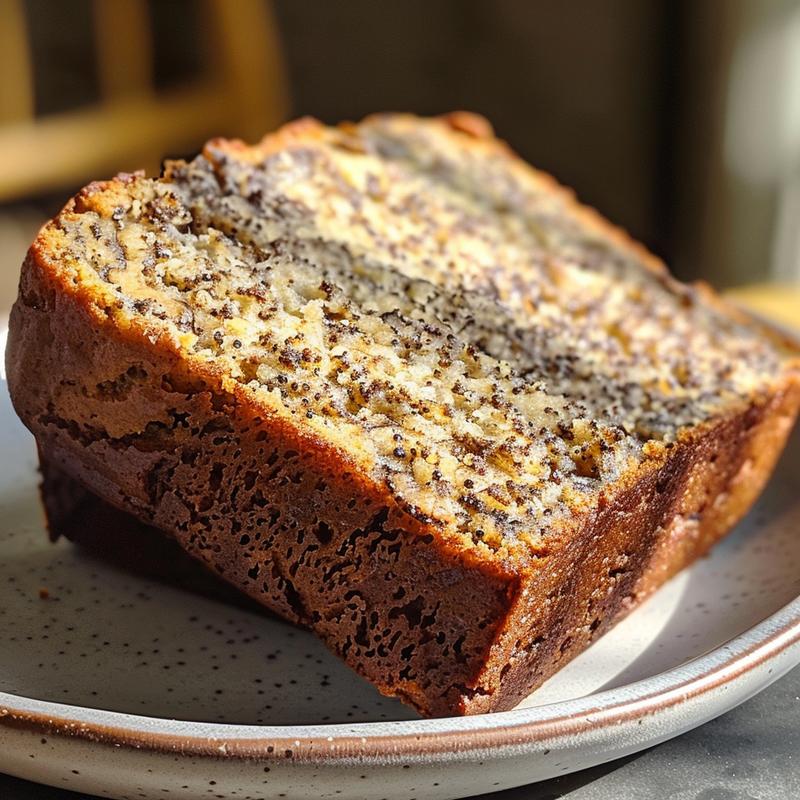 A slice of gluten-free banana bread on a light grey ceramic plate, showcasing its moist texture.