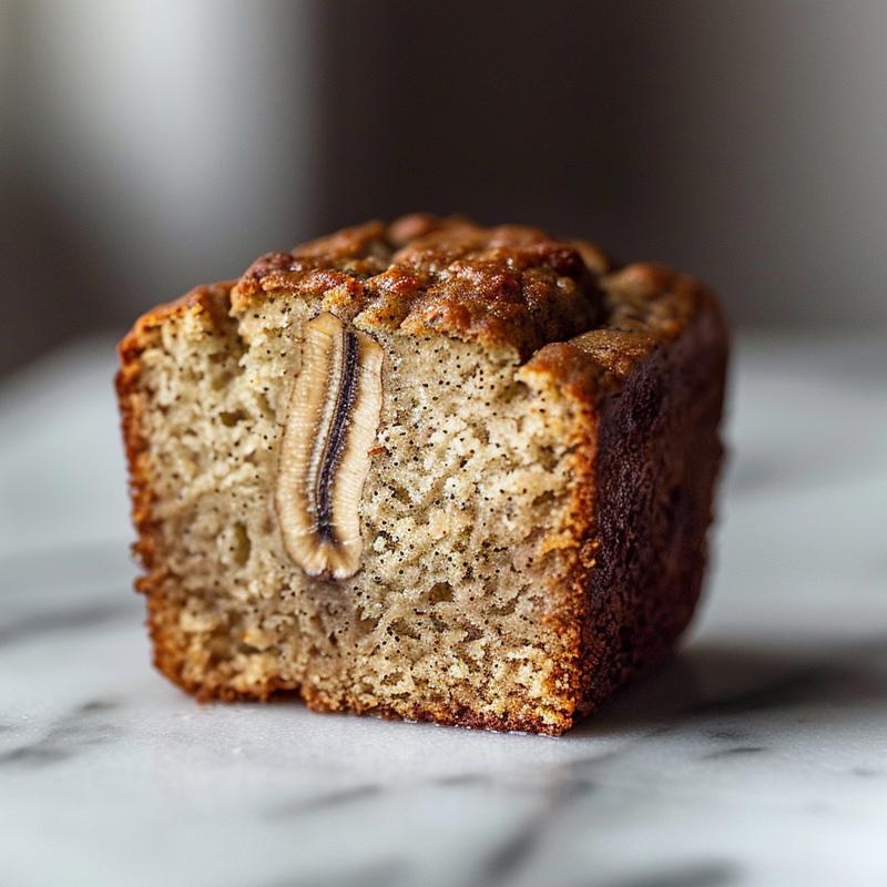Close-up of a slice of fluffy keto banana bread on a white marble surface.