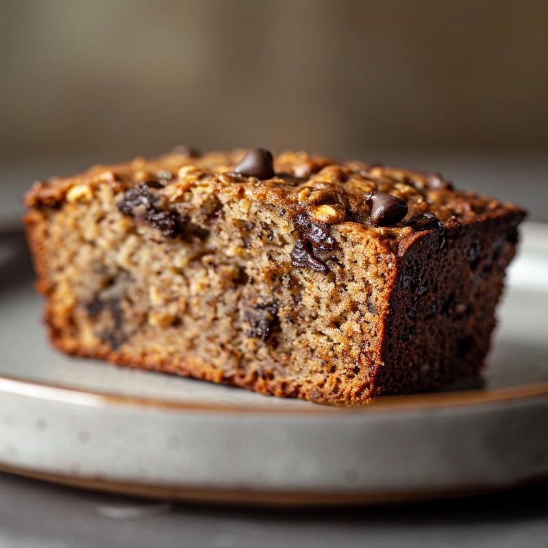 A close-up view of a slice of oatmeal chocolate chip banana bread on a light grey plate, showcasing its texture and ingredients.
