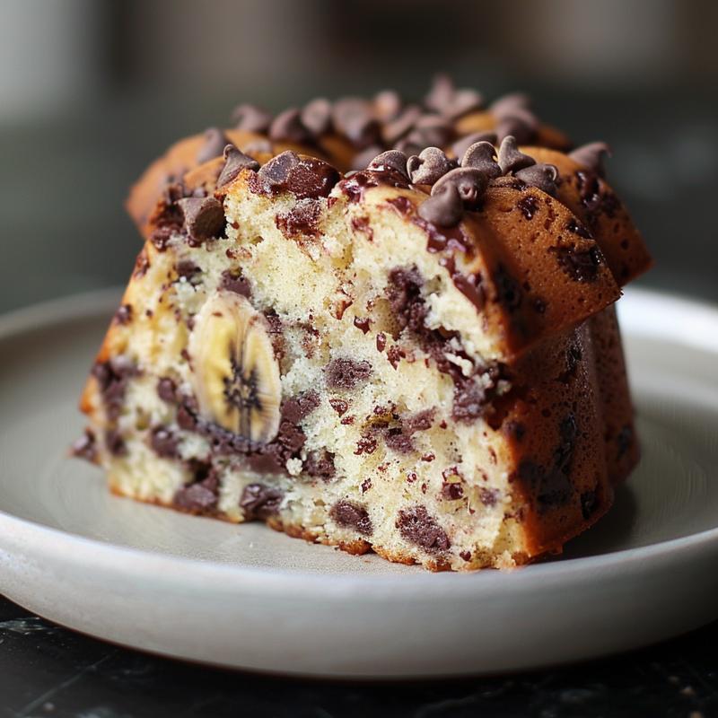A perfect slice of banana chocolate chip bundt cake on a light grey ceramic plate.