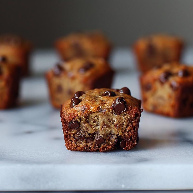 Close-up of mini chocolate chip banana bread bites on a marble surface.