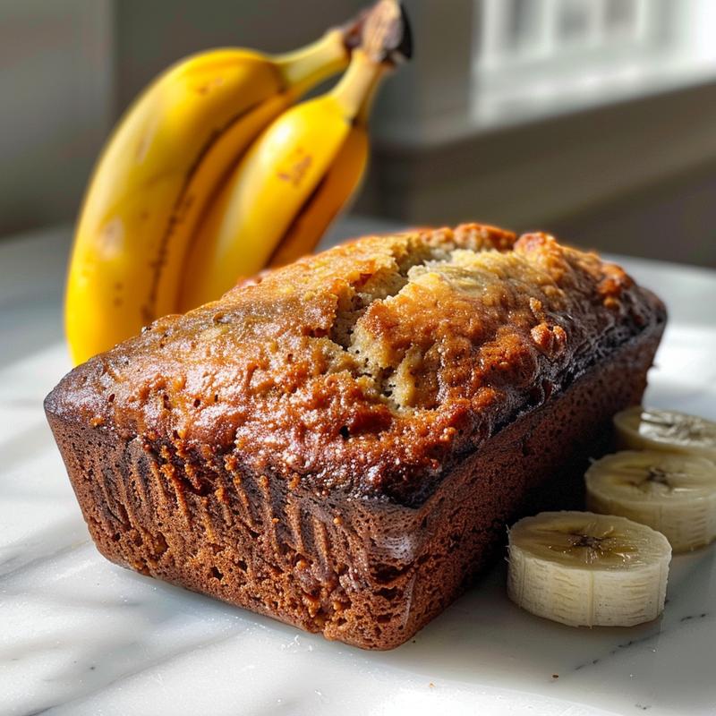 A close-up of a slice of banana bread on a white marble surface, showcasing its moist texture alongside two ripe bananas.