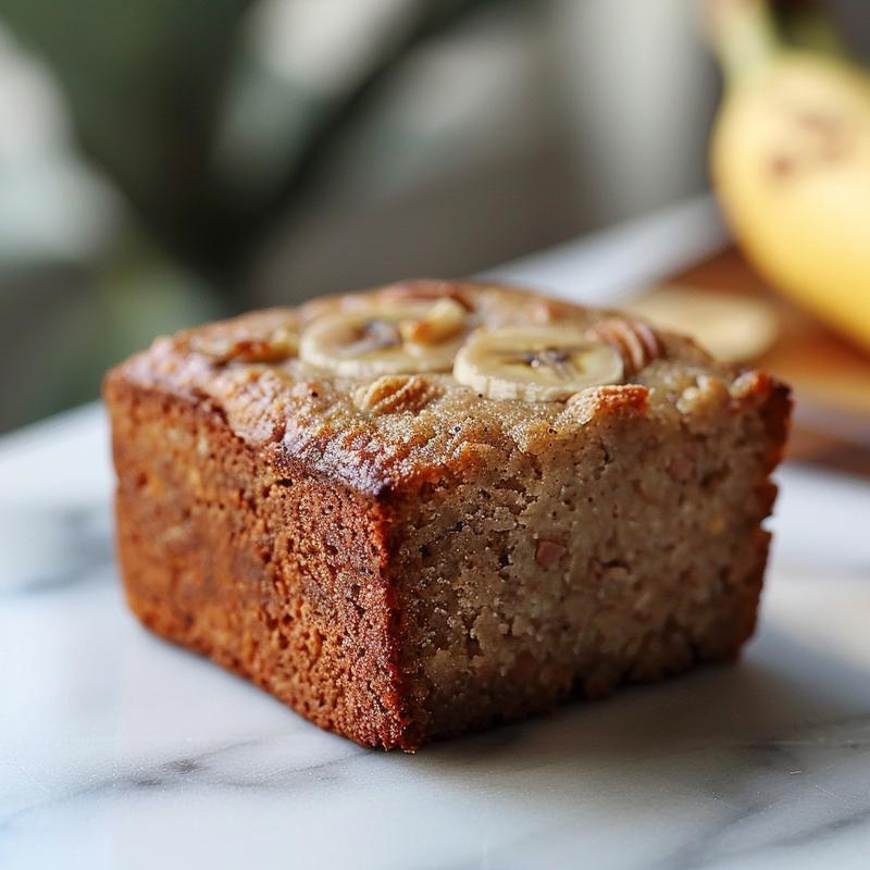 Close-up of a slice of keto banana bread on a white marble surface, highlighting its moist texture.