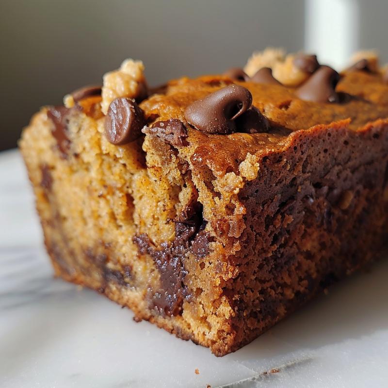 A close-up view of a slice of pumpkin chocolate chip banana bread on a white marble surface.