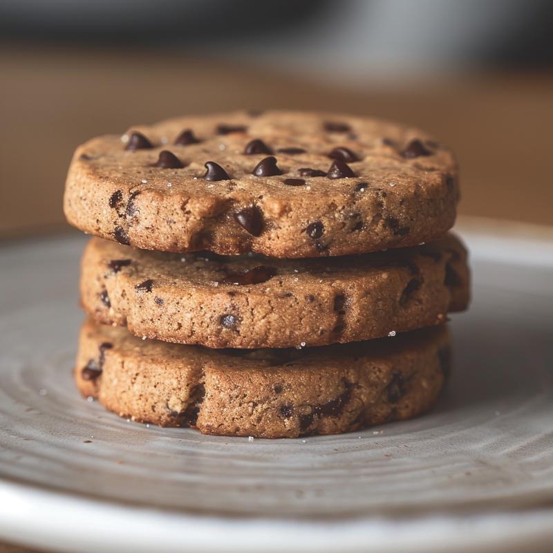 A stack of three healthy banana bread chocolate chip cookies on a light grey plate.
