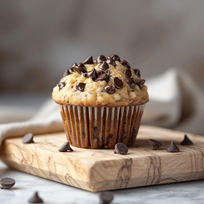 A close-up of moist banana chocolate chip muffins on a light wooden board, showcasing their texture.