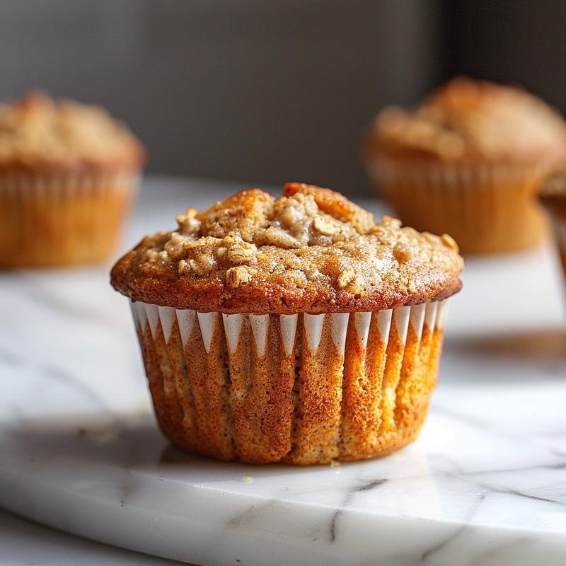 Extreme close-up of a perfectly baked oat flour banana muffin on a white marble surface.