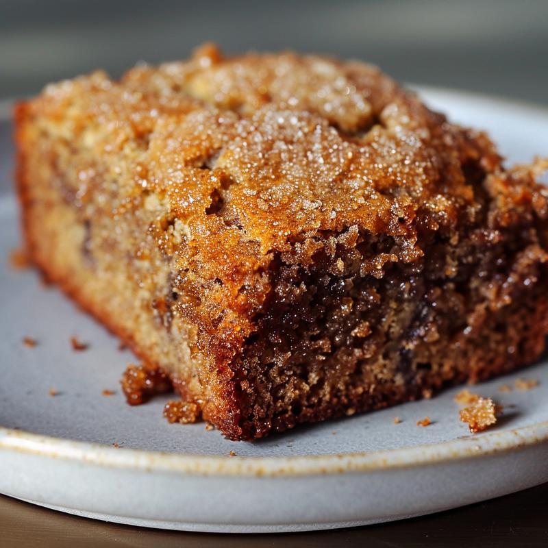 A close-up of a perfectly baked slice of brown sugar banana bread on a light grey ceramic plate.