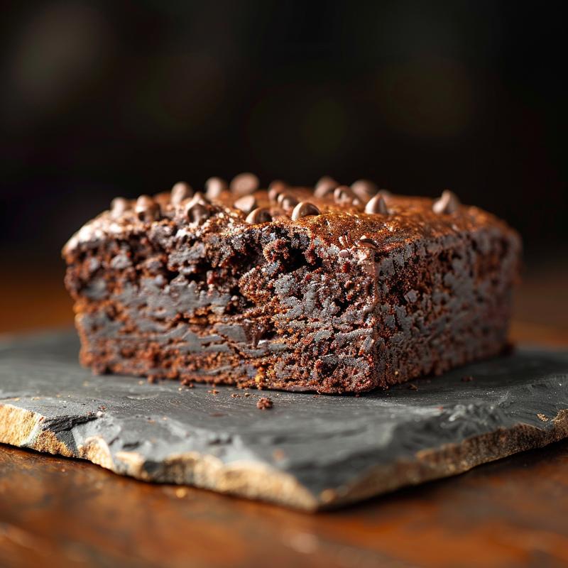 A close-up of a slice of chocolate brownie banana bread on a rustic chipped slate plate.