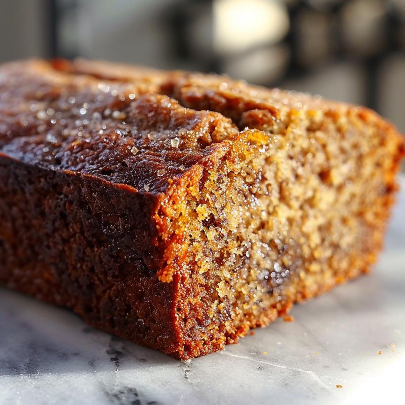 A close-up view of a moist slice of keto banana bread on a wooden board.