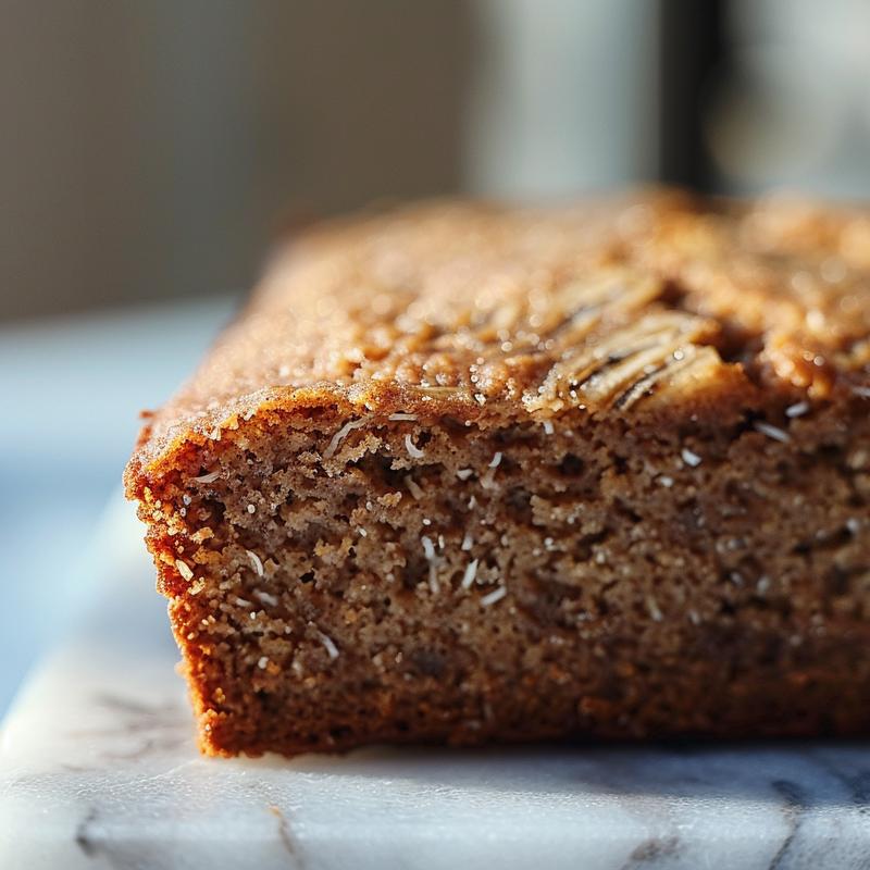 A close-up view of a slice of coconut flour banana bread on a white marble surface.