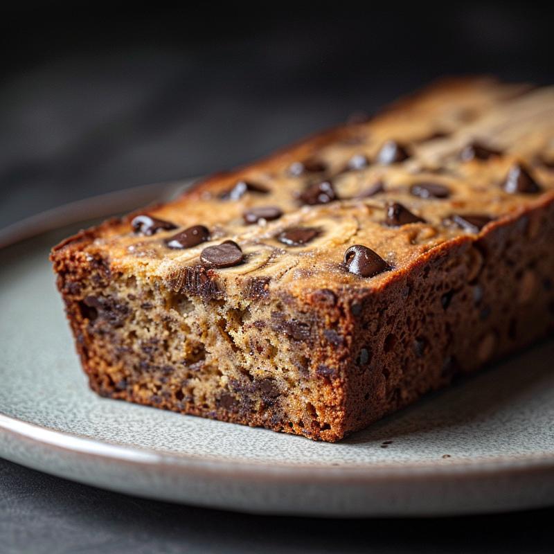 Close-up of a moist slice of sourdough chocolate chip banana bread on a light grey plate.