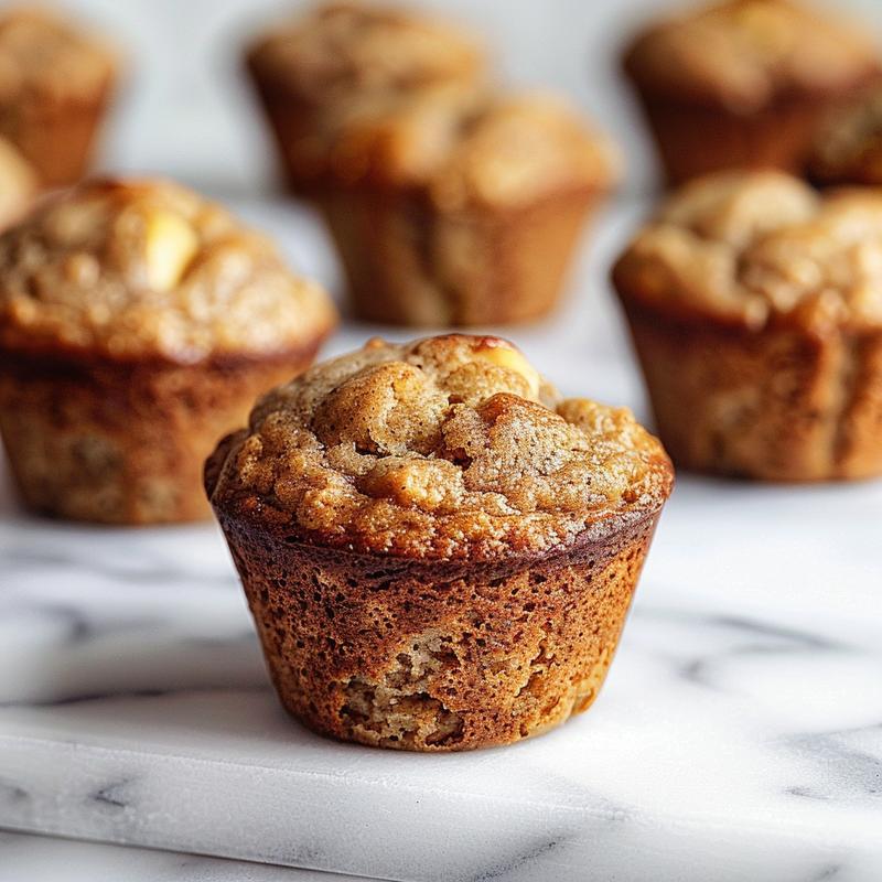 A close-up of freshly baked apple banana muffins on a white marble surface, showcasing their texture.
