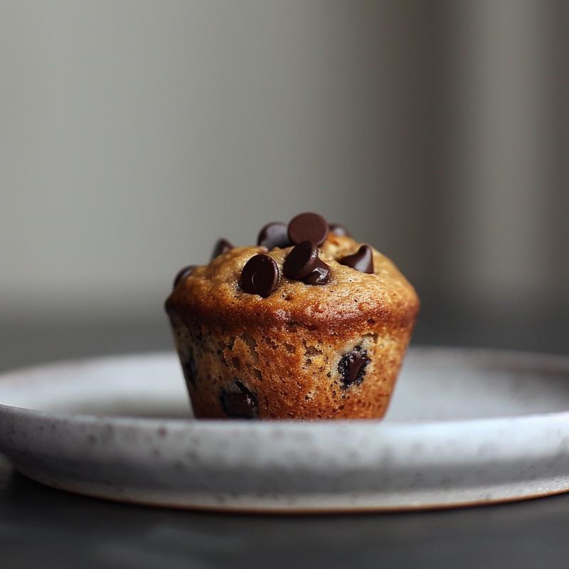 Close-up of delicious sourdough banana chocolate chip muffins on a light grey plate.