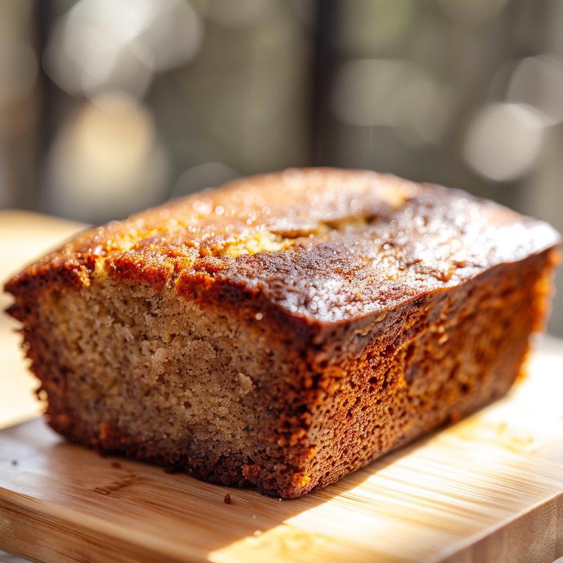 Close-up of a slice of healthy banana bread with a golden brown crust on a wooden board.