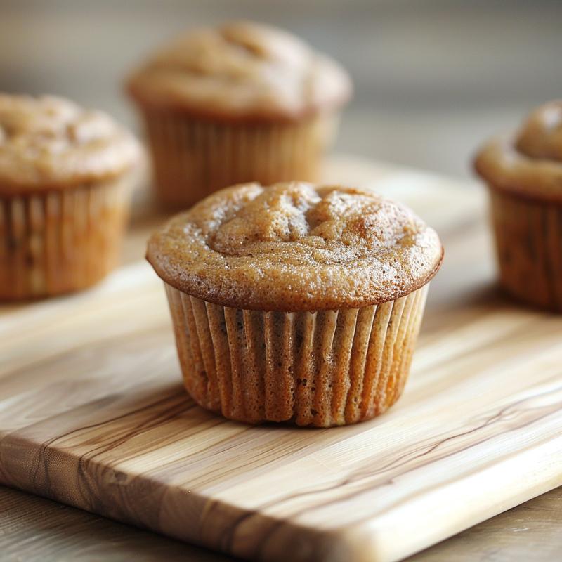 Close-up of golden, moist eggless banana muffins on a light wood board.