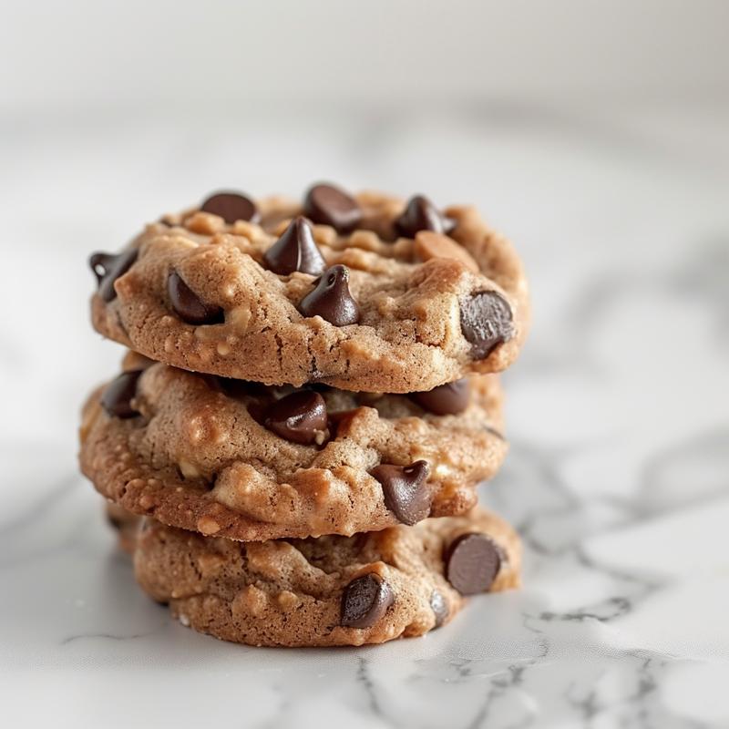 Three freshly baked banana bread chocolate chip cookies stacked on a white marble surface.