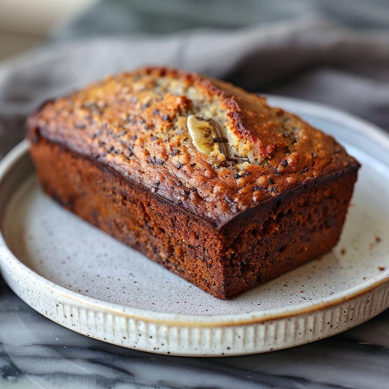 Close-up of a slice of Greek yogurt banana bread on a light grey plate.