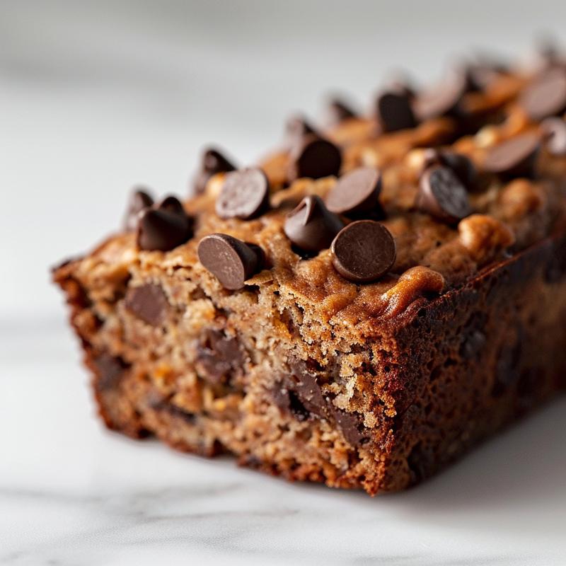Close-up of moist Greek yogurt banana bread with chocolate chips, beautifully styled on a white marble surface.
