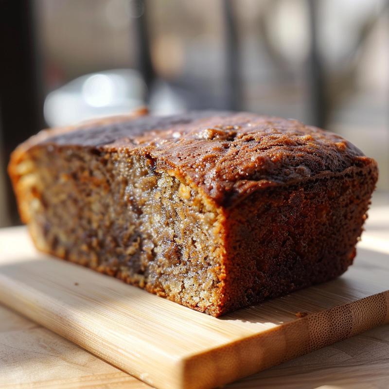 A close-up view of a slice of dairy-free banana bread on a light wood board.