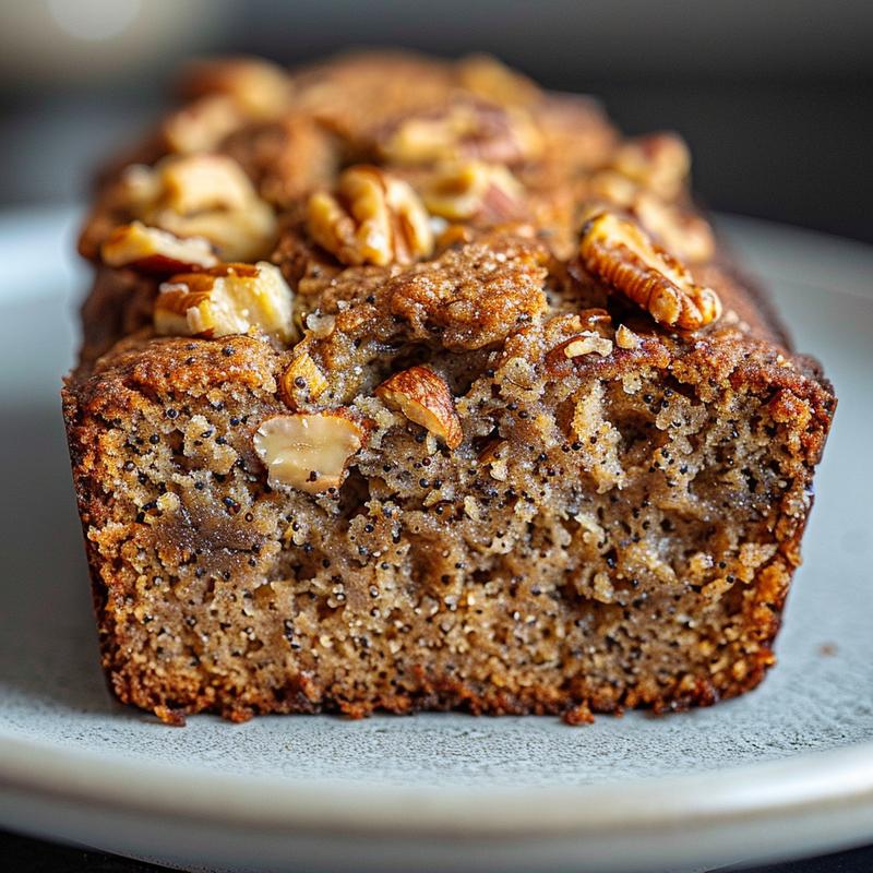 Close-up of moist banana nut bread slice on a grey ceramic plate.