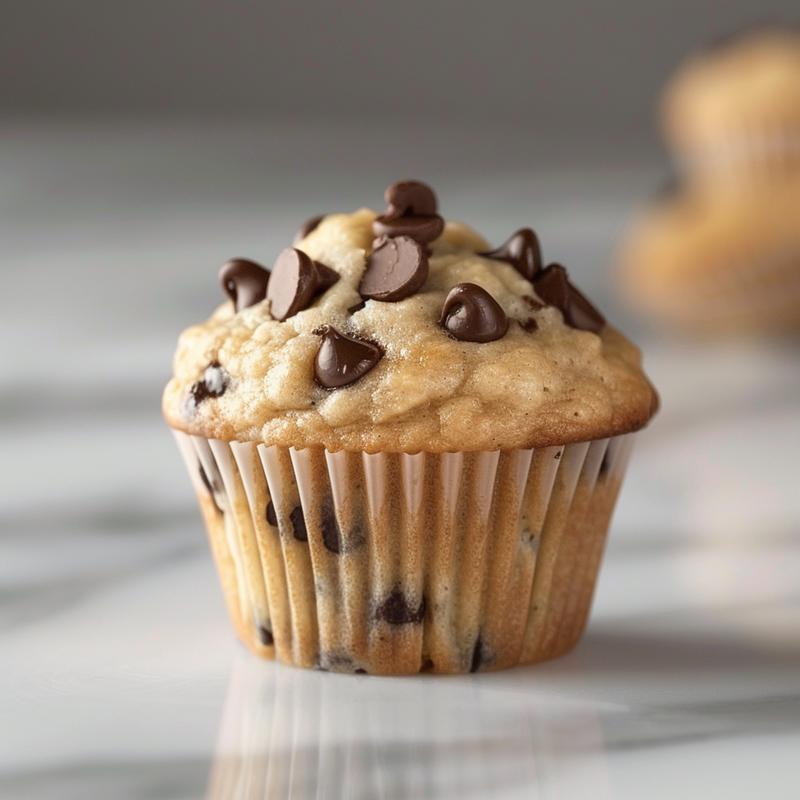 Extreme close-up of banana chocolate chip muffins on a white marble surface.