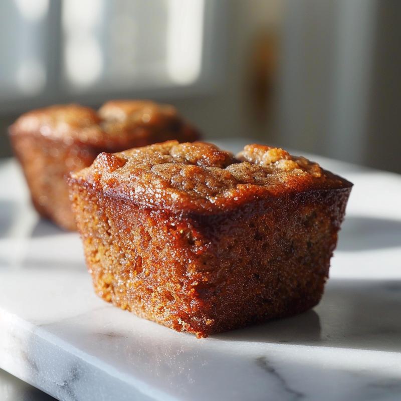 Close-up of a moist banana bread muffin on a white marble surface, showcasing its texture.