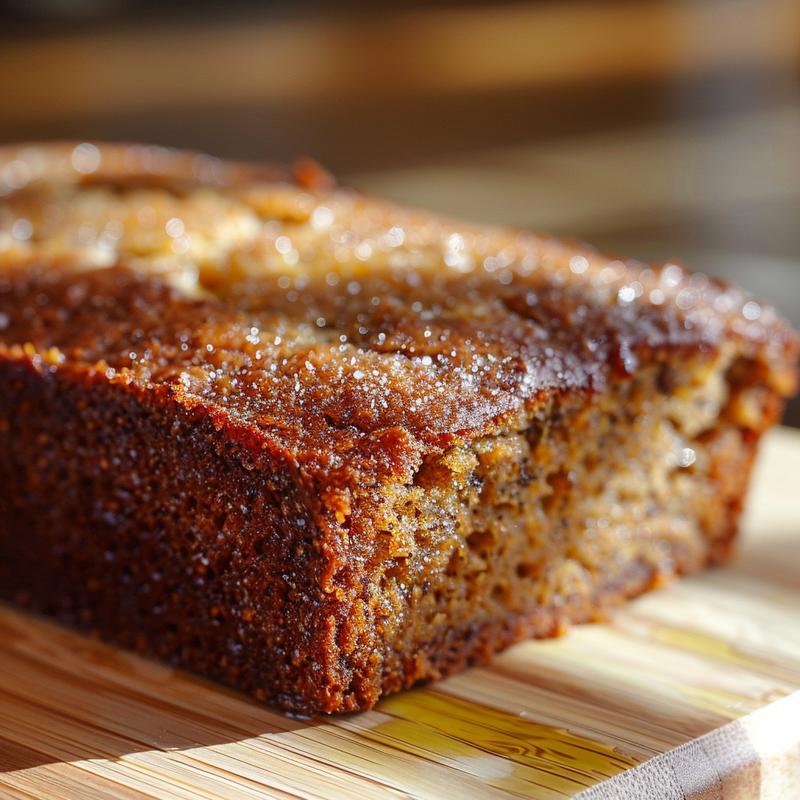 A close-up of a slice of banana bread with a glossy texture, displayed on a light wooden board.