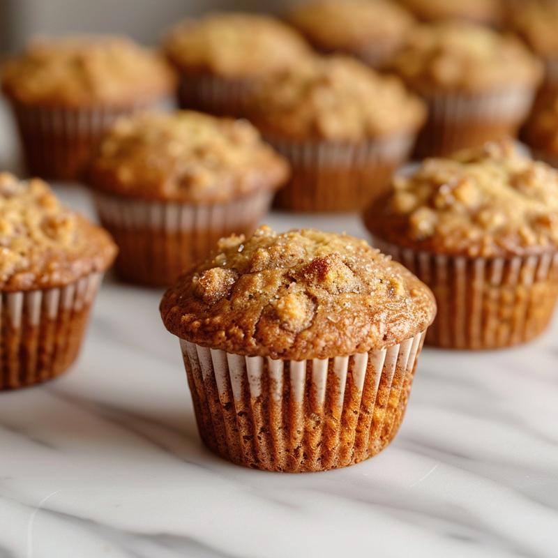 Close-up of textured banana muffins arranged on a white marble surface.
