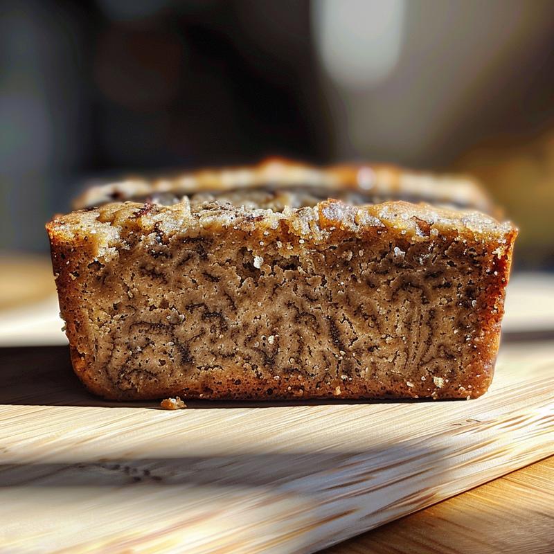 Close-up view of a slice of eggless banana bread on a wooden board, showcasing its texture.