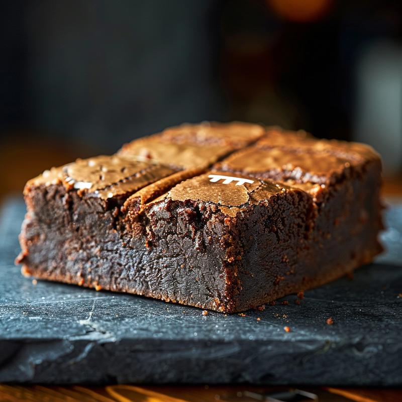 Close-up of a decadent football brownie with rich chocolate frosting on a dark stone surface.