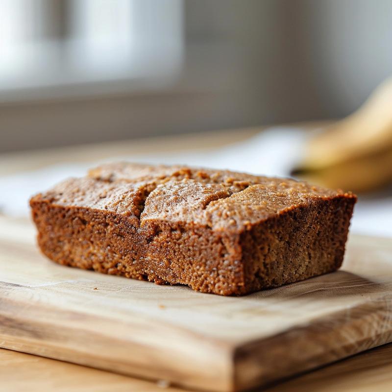 A close-up of a golden-brown banana oat muffin with a soft texture, placed on a light natural wood board.