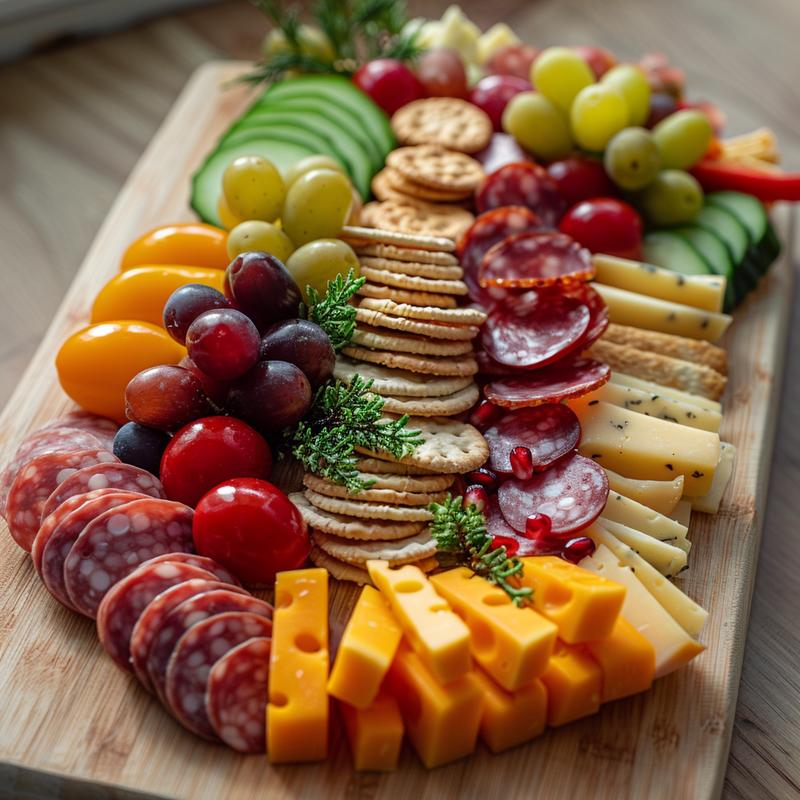 Christmas tree shaped charcuterie board with cheeses, meats, crackers, fruits, and vegetables on wood.